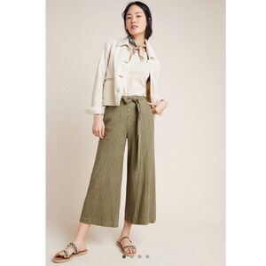Anthropologie Olive Green Linen Cotton Wide Leg Cropped Pants Tie Waist Womens M